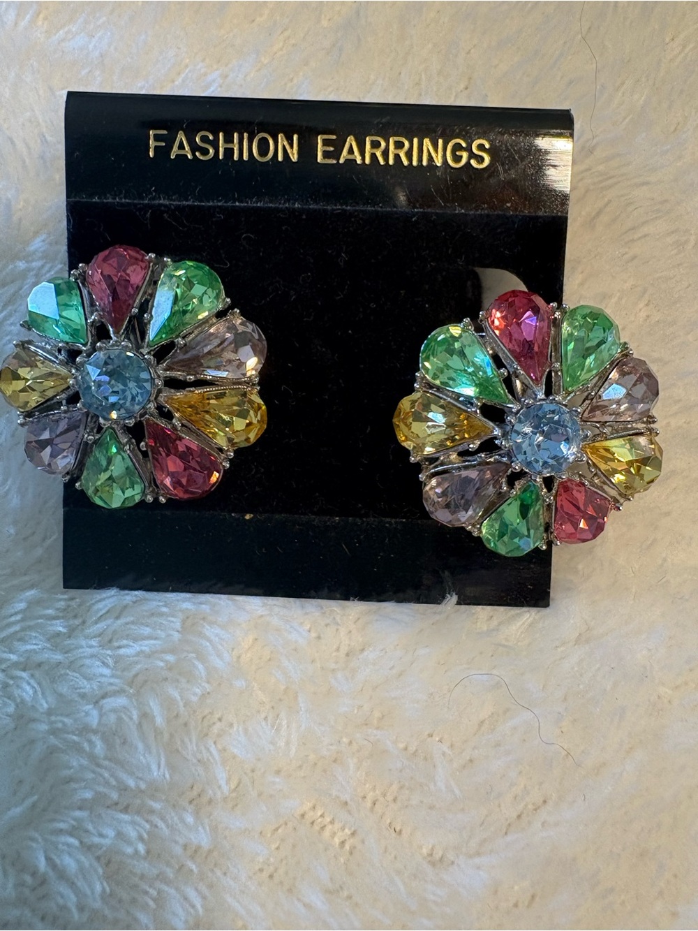 Vintage Multicolor Crystal Flower Clip-On Earrings -